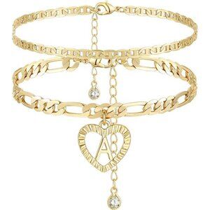 Initial Ankle Bracelets for Women 14K Gold Plated Layered Figaro Chain